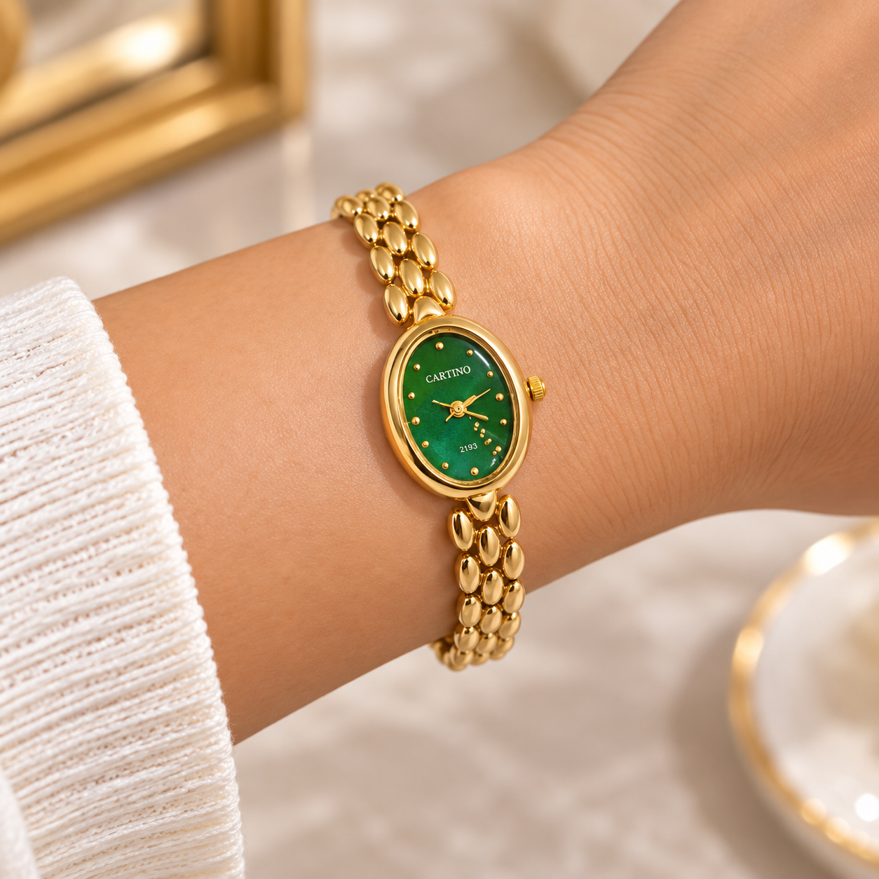 Emerald Oval Dial Gold Link Watch