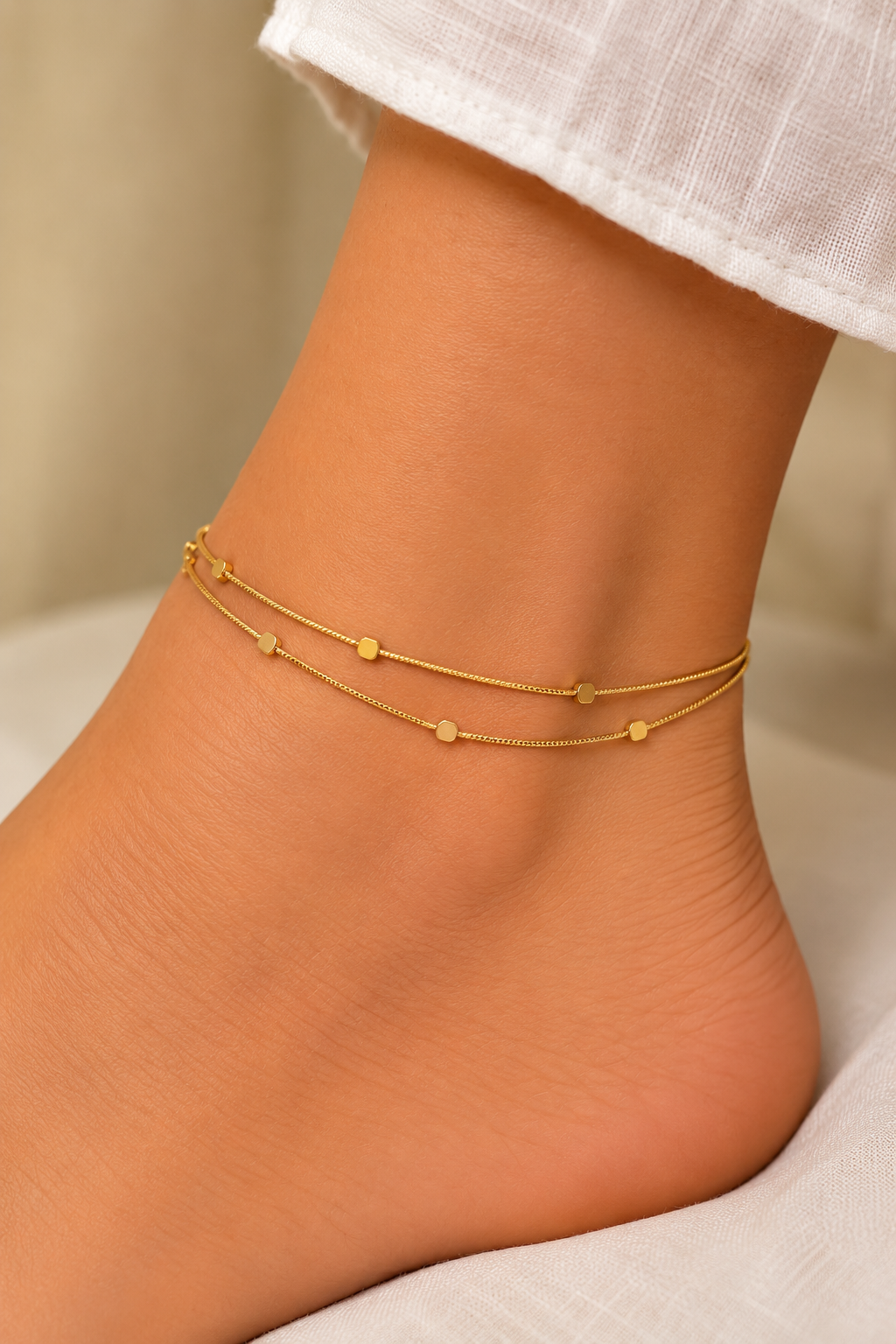 Golden Beaded Double-Layer Anklet
