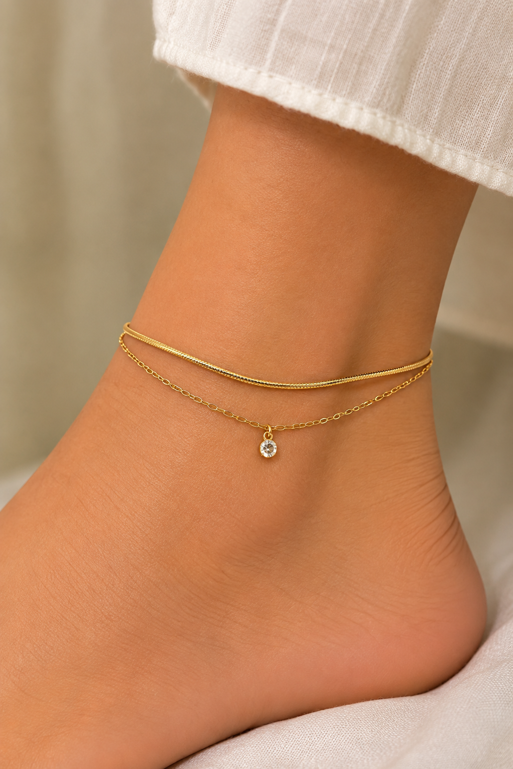 Double-Layered Gold Anklet with Dainty Crystal Charm