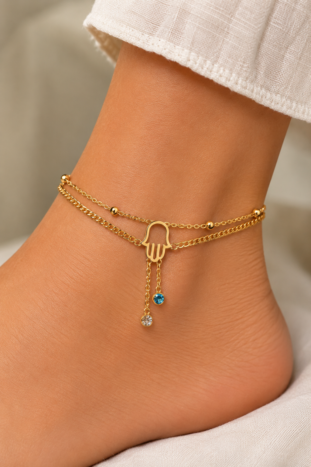 Dangling Hamsa Hand Charm 18K Gold Plated Anklet