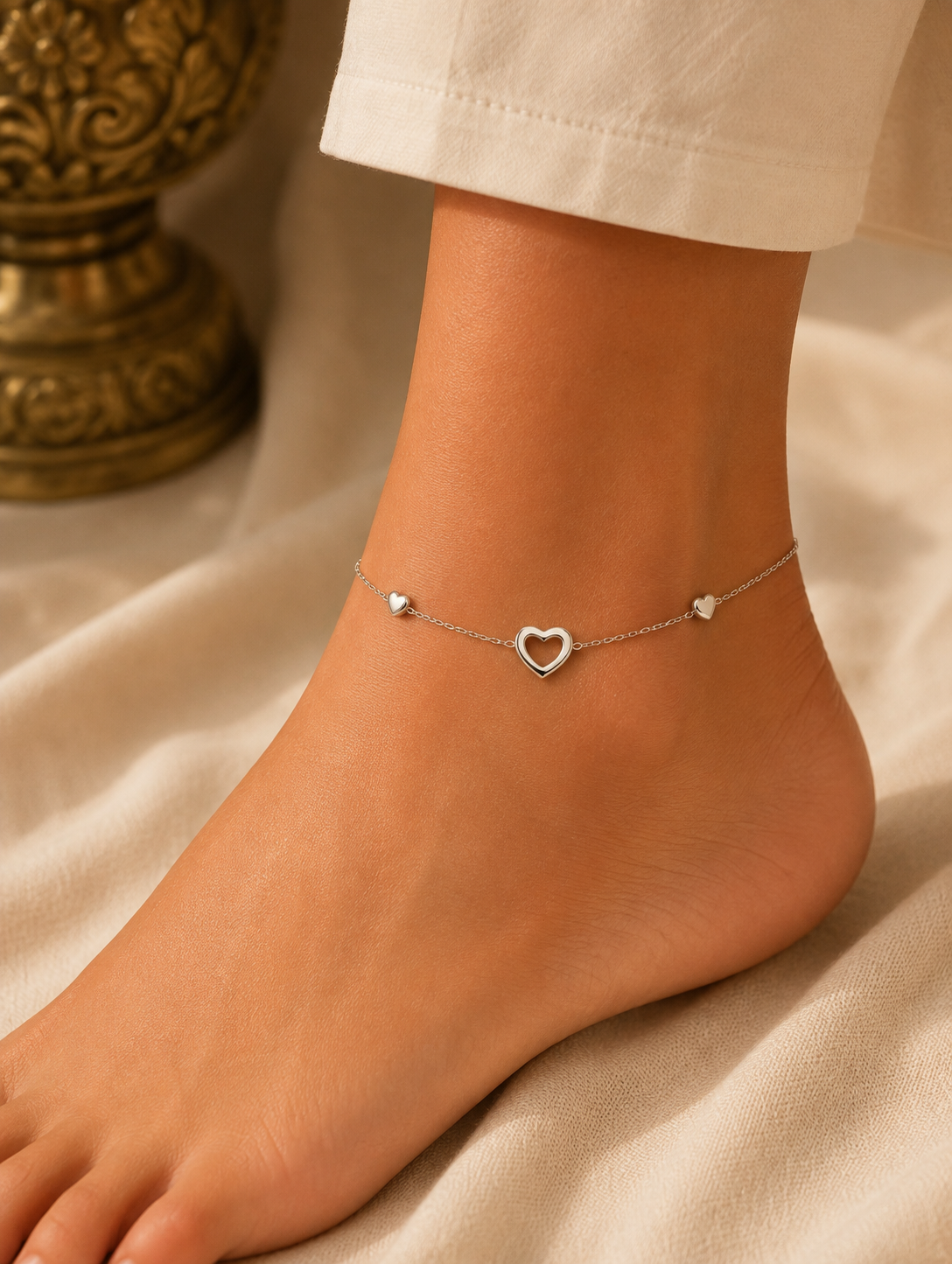 Minimal Silver Triple Heart Charm Anklet
