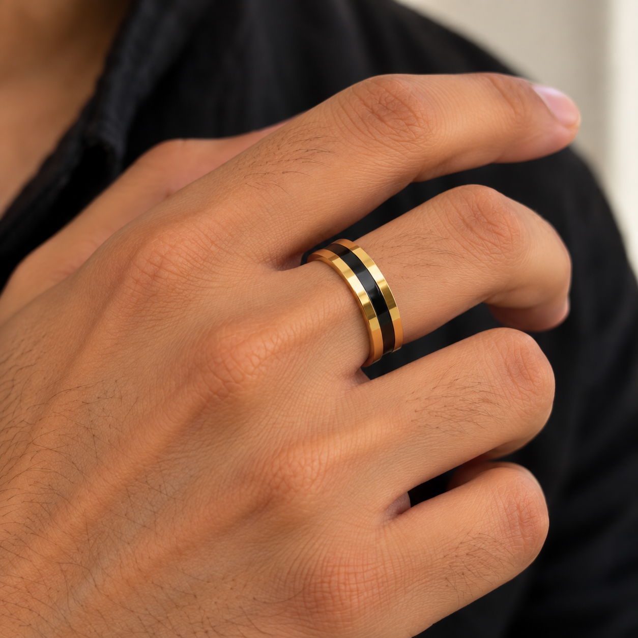 Black Stripe Gold Band  Men's Ring