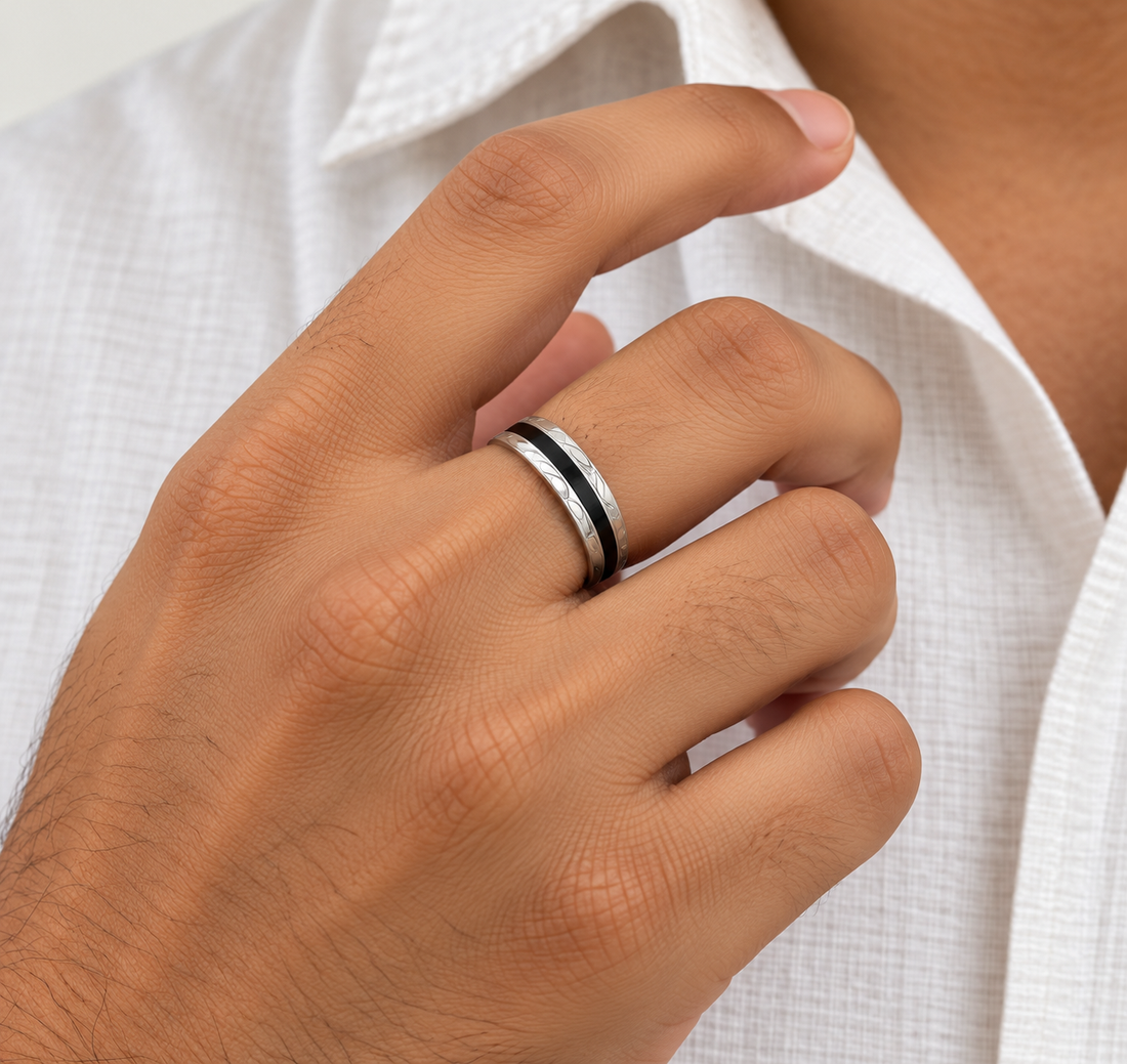 Black Stripe Engraved Silver Men’s Ring