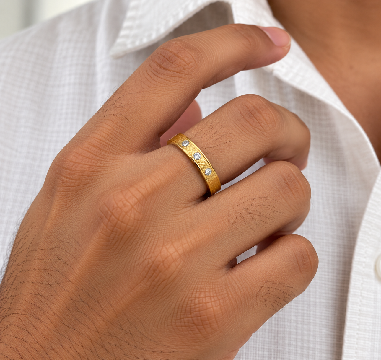 Crystal Accent Textured Gold Men’s Ring