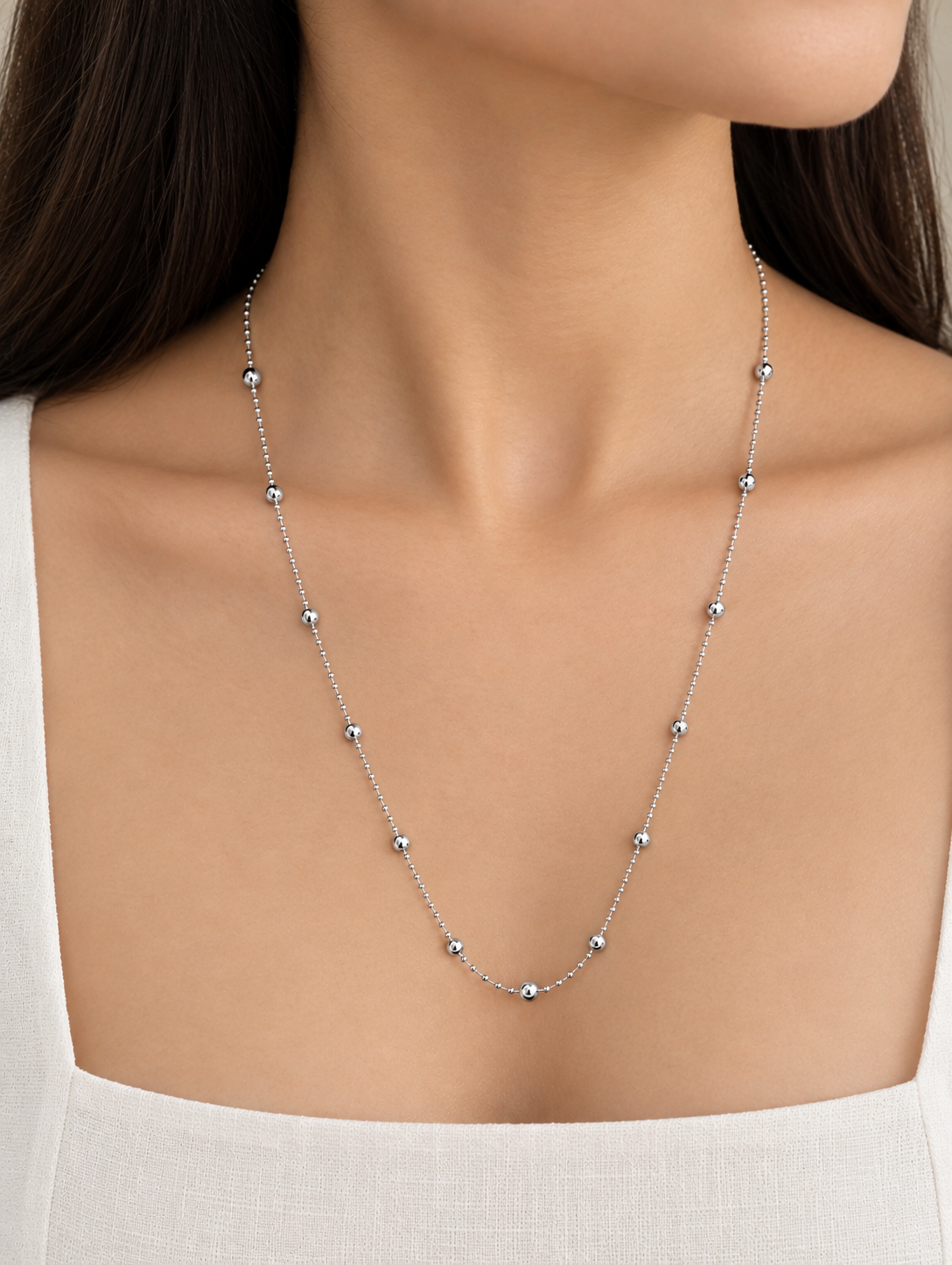 Symmetrical Silver Bead Chain Necklace