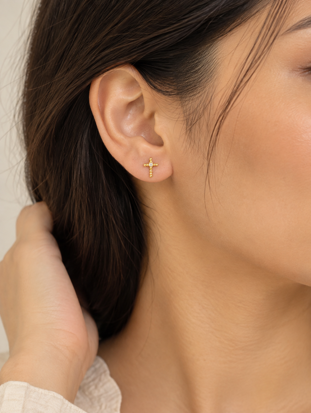 Beaded Gold Cross Stud Earring