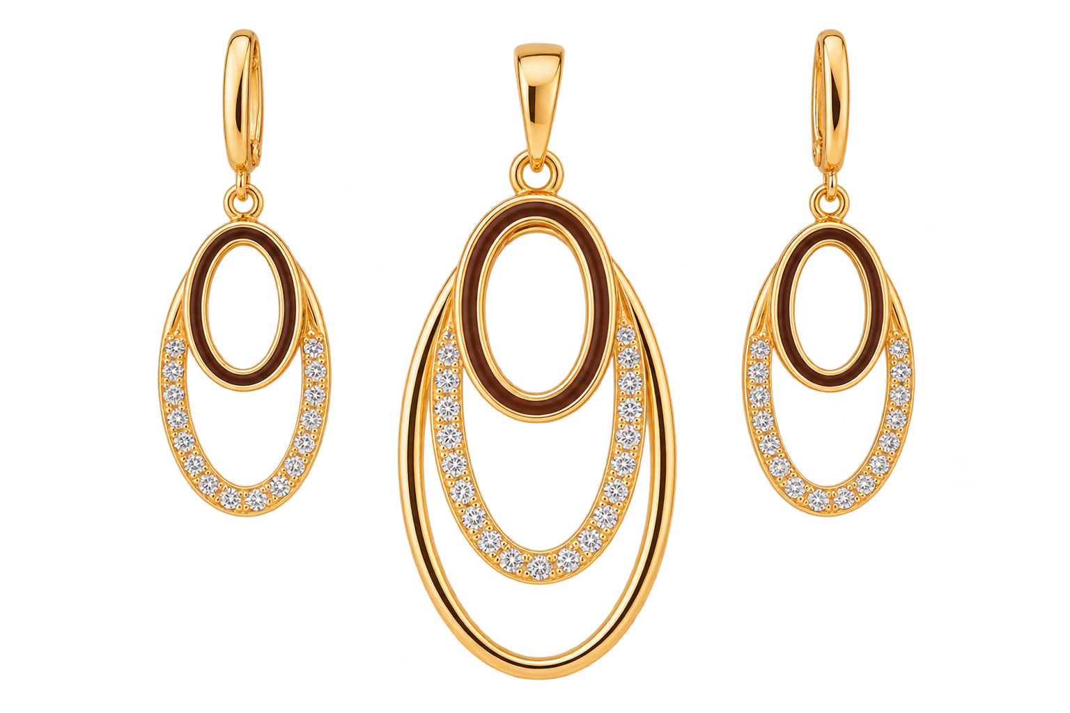Elegant Gold Double Oval Pendant & Earrings Set