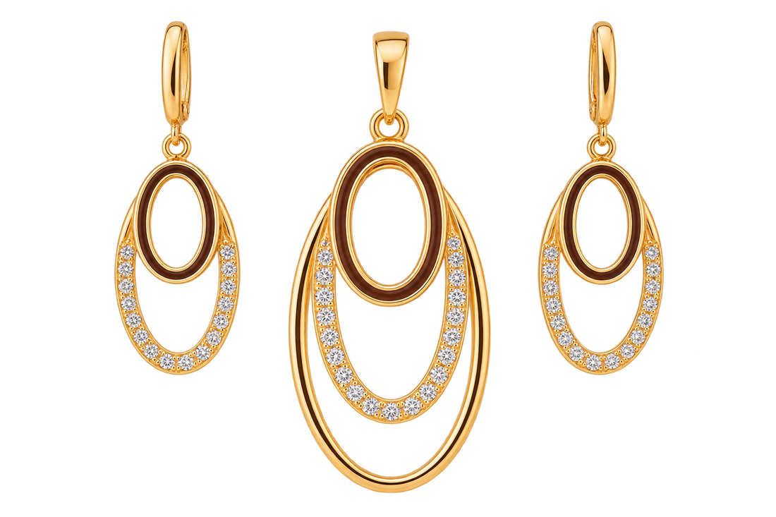 Elegant Gold Double Oval Pendant & Earrings Set