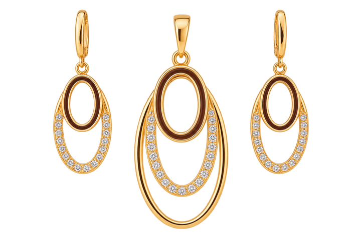 Elegant Gold Double Oval Pendant & Earrings Set