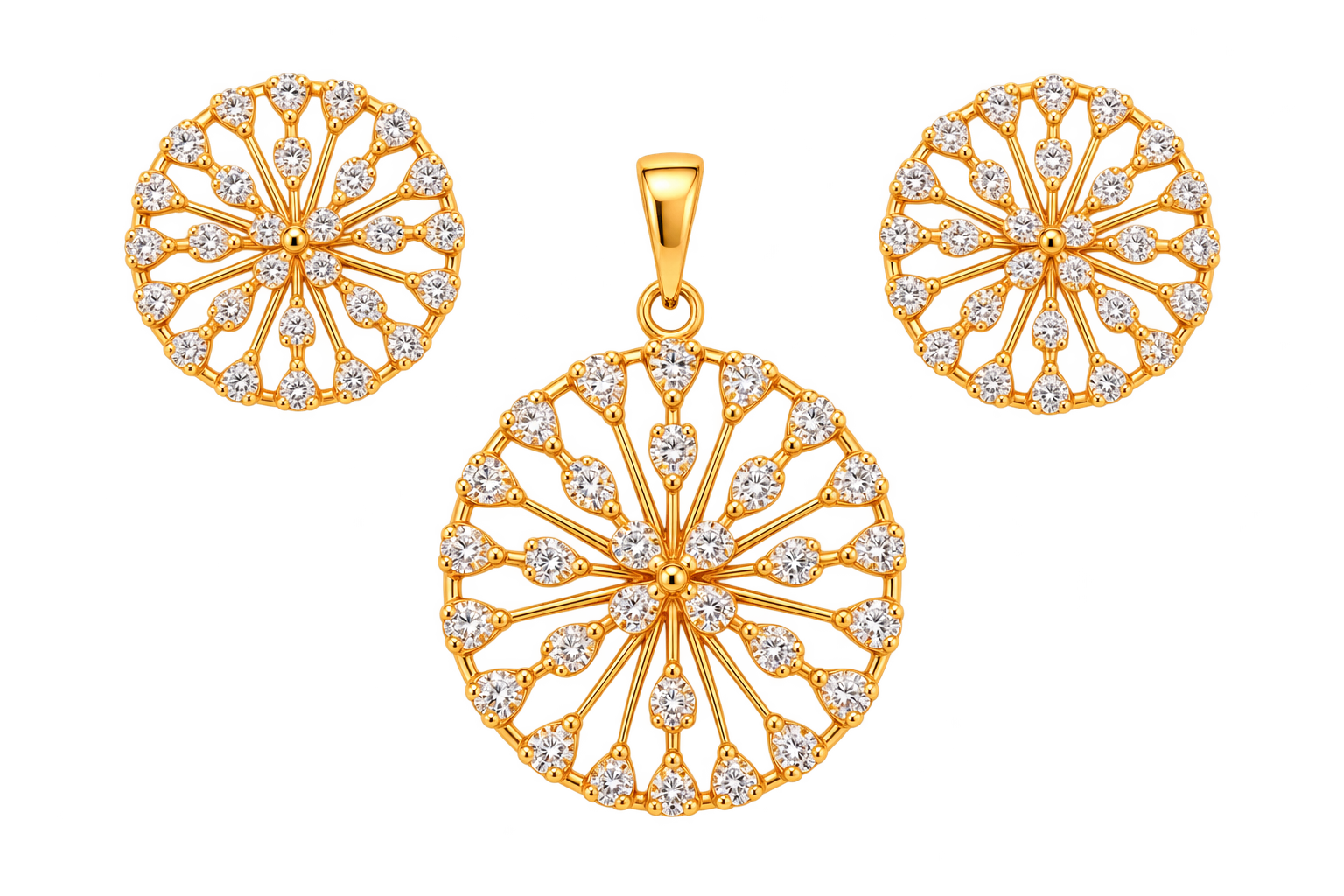 Elegant Gold Round Floral Crystal Pendant & Earrings Set