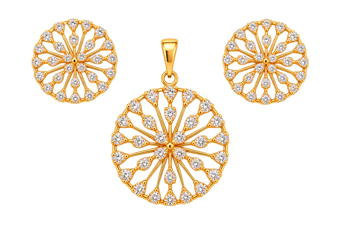 Elegant Gold Round Floral Crystal Pendant & Earrings Set