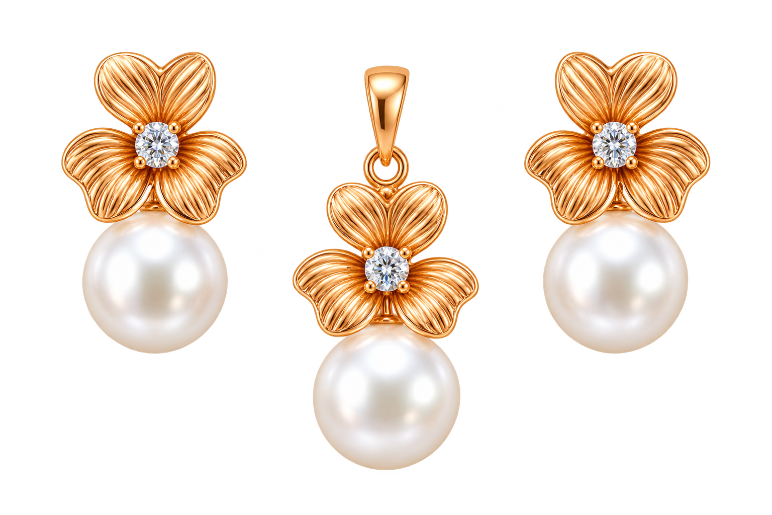 Elegant Flower With Pearl Drop Earring And Pendent Set