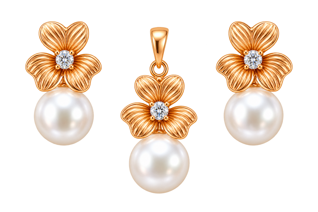 Elegant Flower With Pearl Drop Earring And Pendent Set