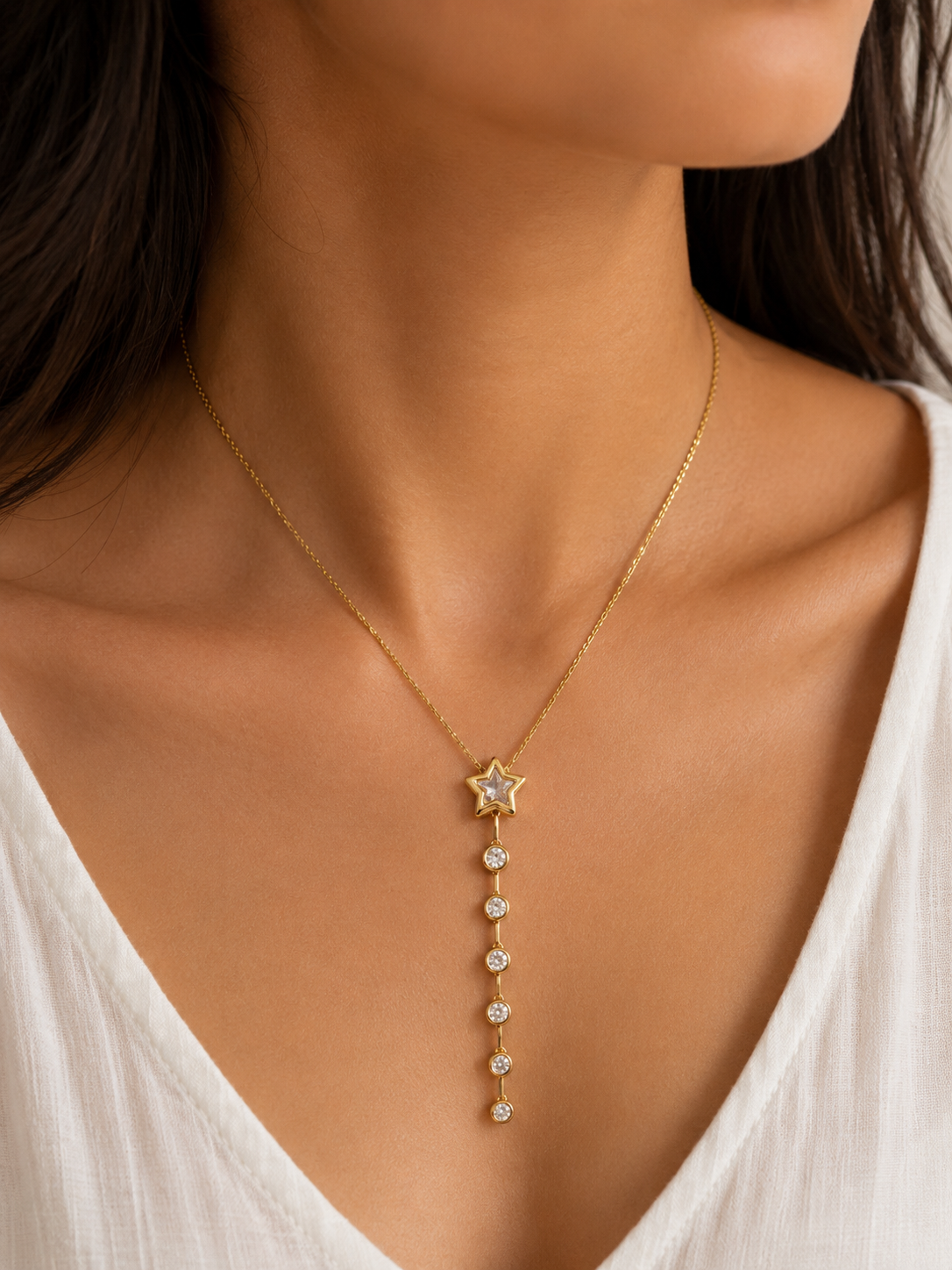 Gold Star Pendant Necklace with Gemstone Drop