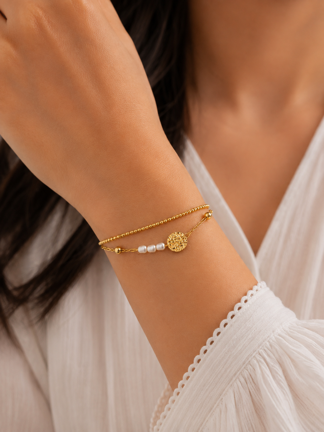 Pearl & Coin Charm Layered Gold Bracelet