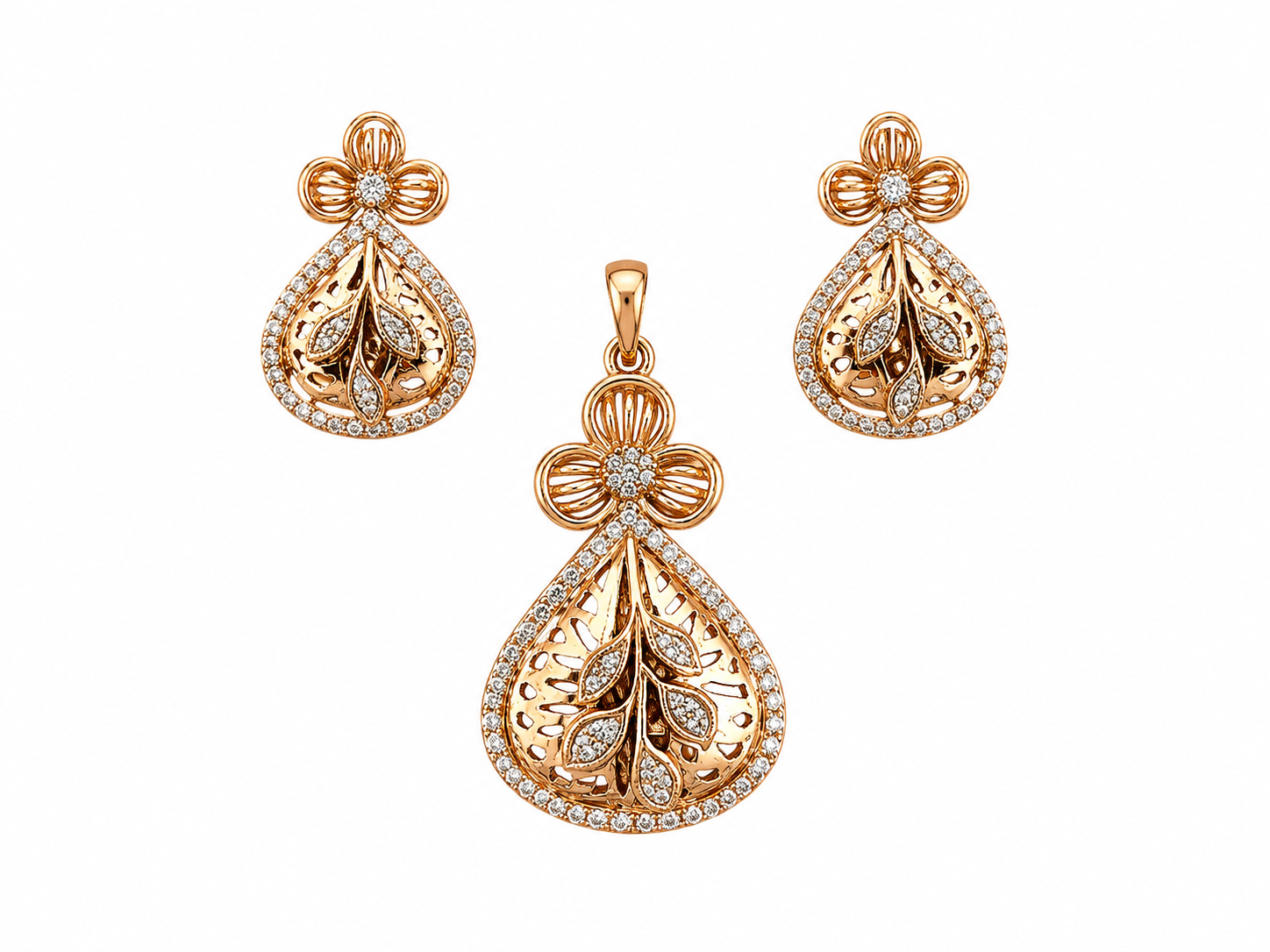 Elegant Gold Floral Teardrop Pendant & Earring Set