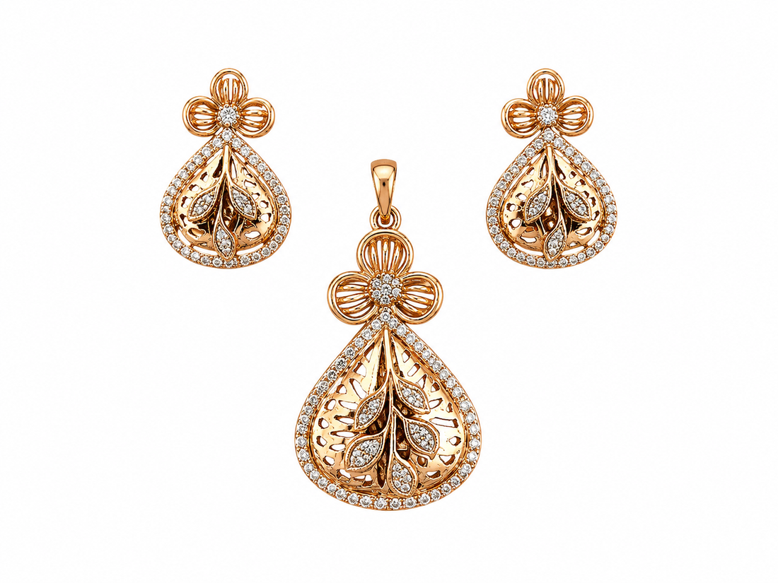 Elegant Gold Floral Teardrop Pendant & Earring Set