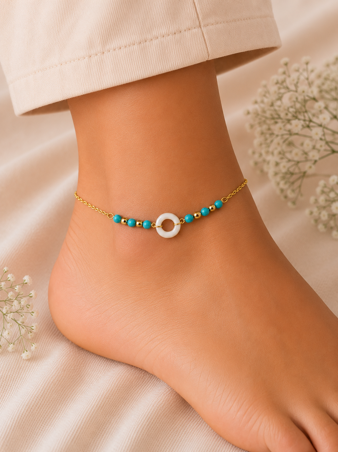 Turquoise & Pearl Halo Anklet
