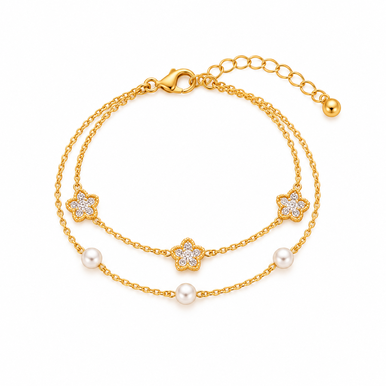 Crystal Star & Pearl Layered Gold Bracelet