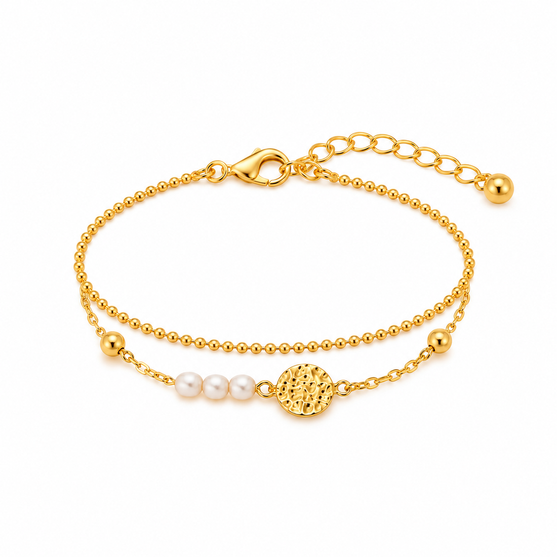 Pearl & Coin Charm Layered Gold Bracelet