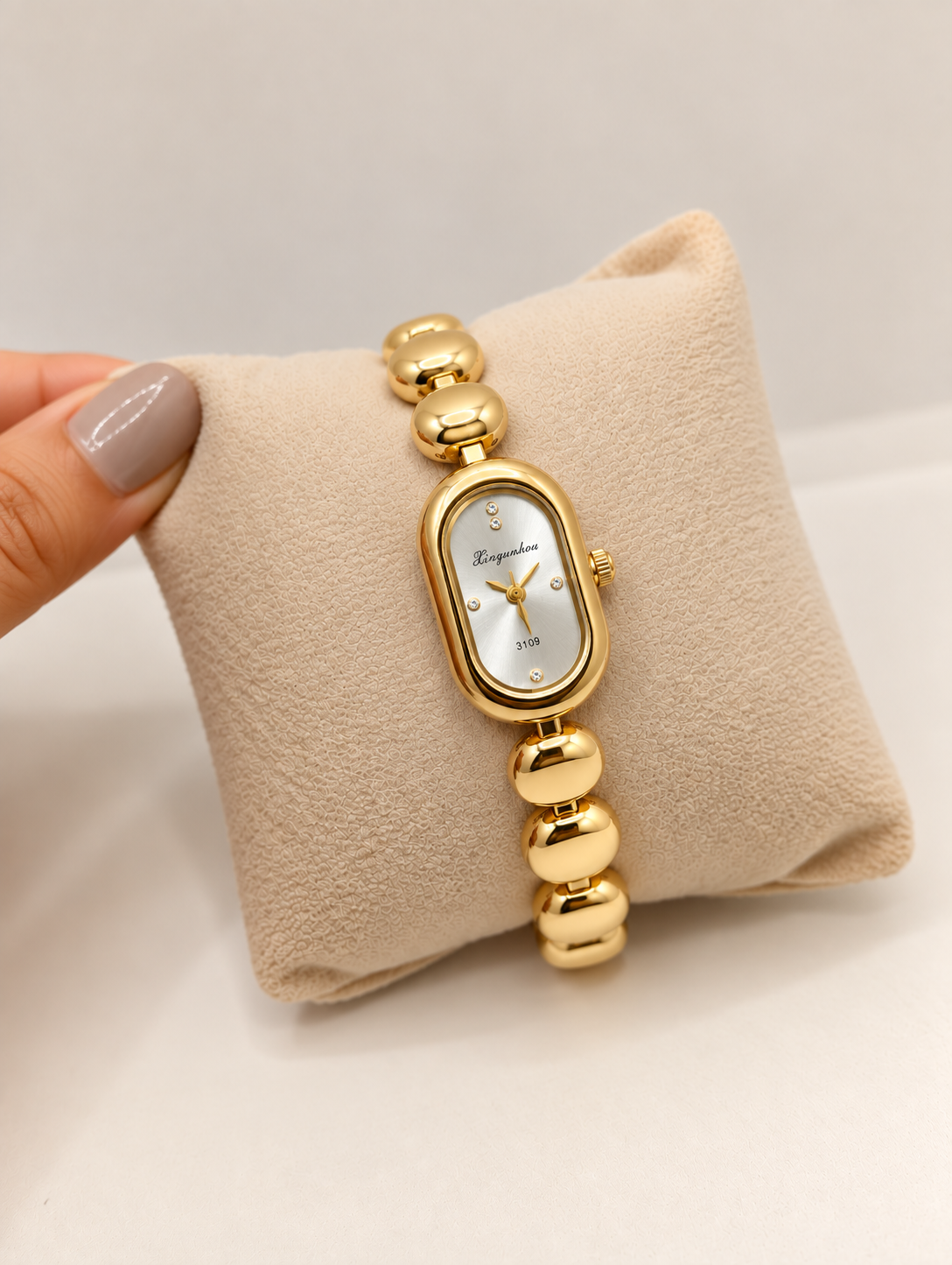 Golden Beaded Oval Dial Bracelet Watch