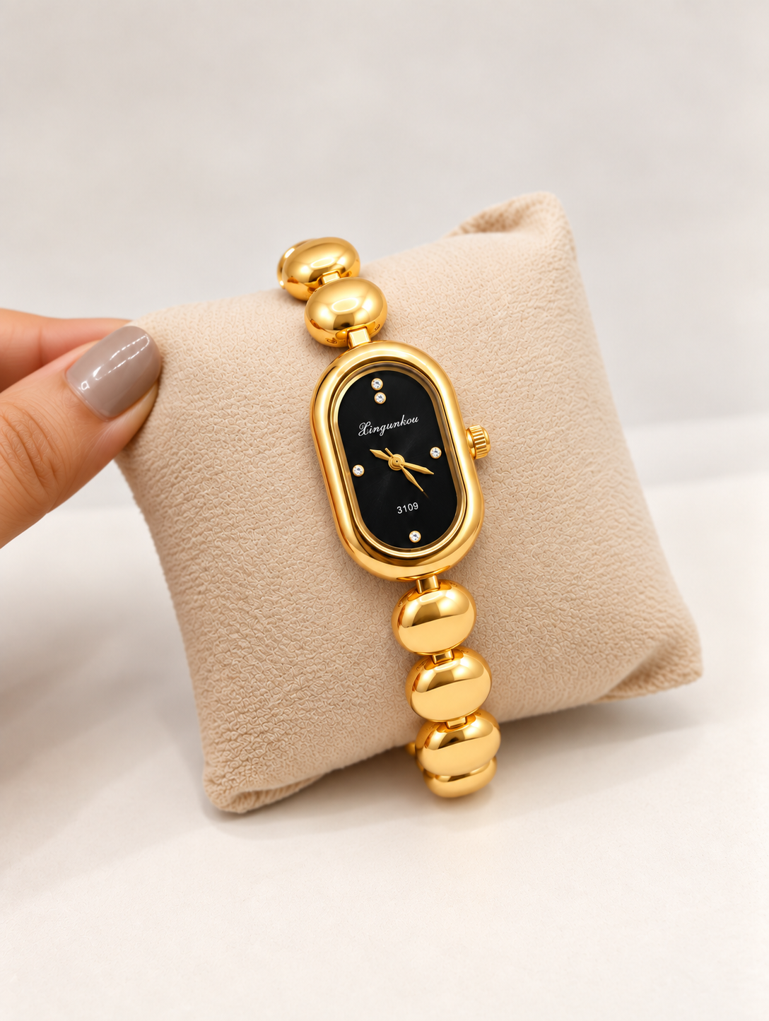 Golden Beaded Black Dial Bracelet Watch