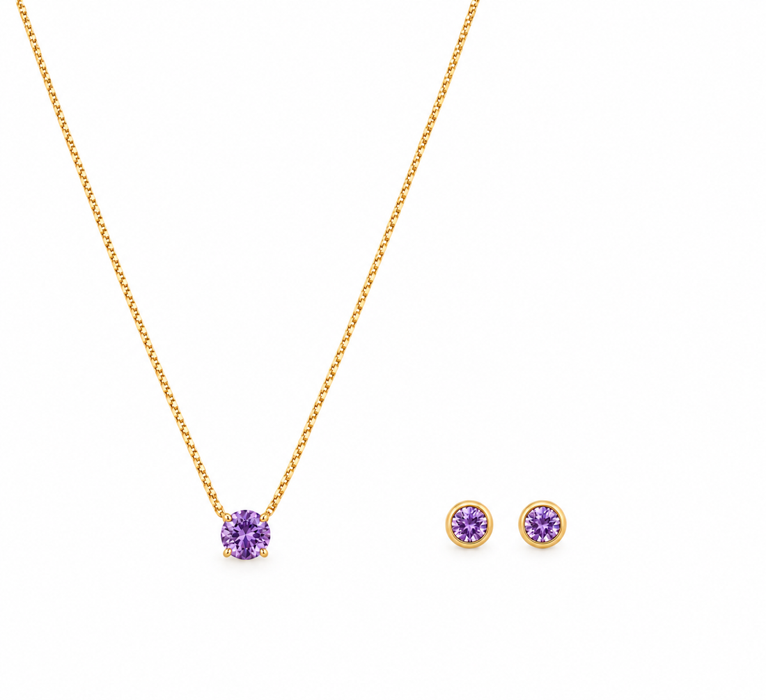 Amethyst Purple Solitaire Pendant & Stud Earrings Set