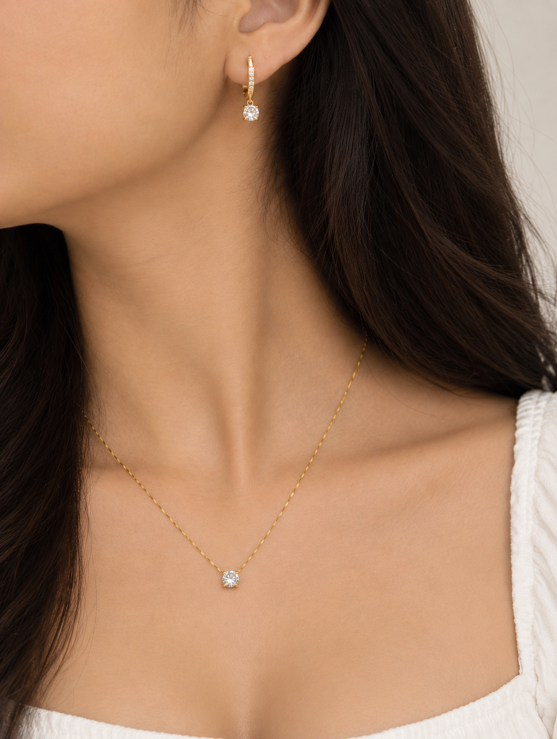 Gold-Tone Solitaire Pendant Necklace and Crystal Drop Hoop Earrings Set