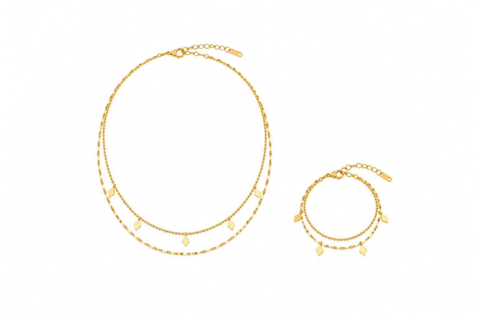 Golden Geometric Charm Layered Necklace & Bracelet Set