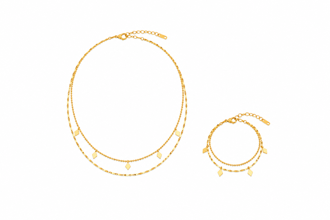 Golden Geometric Charm Layered Necklace & Bracelet Set
