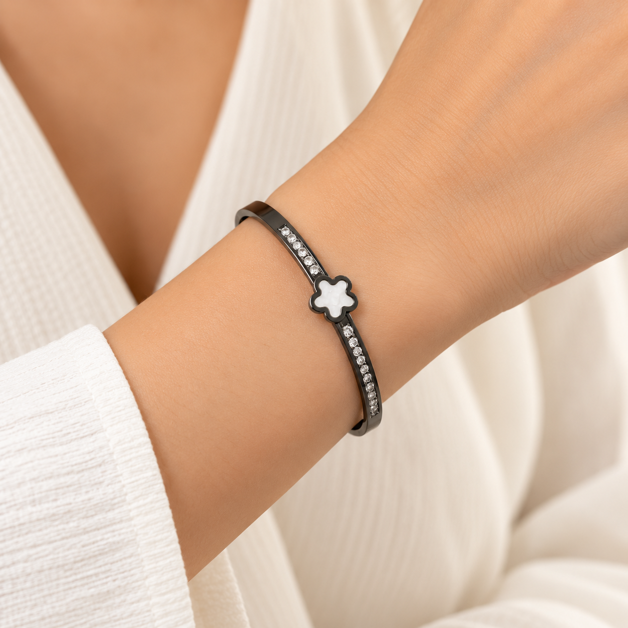 Glossy Black Clover-Accented Gemstone Bangle Bracelet