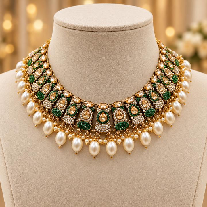 Emerald Kundan Pearl Bridal Necklace Set