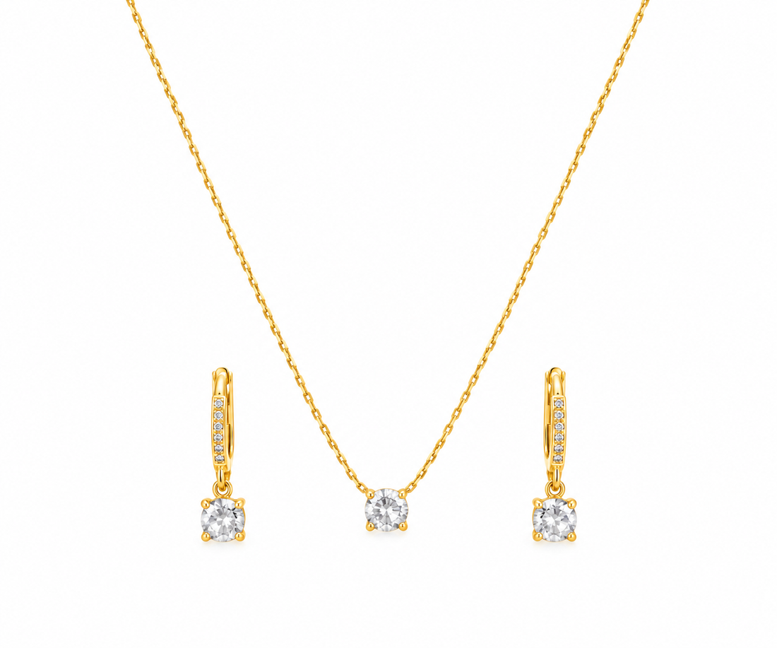 Gold-Tone Solitaire Pendant Necklace and Crystal Drop Hoop Earrings Set