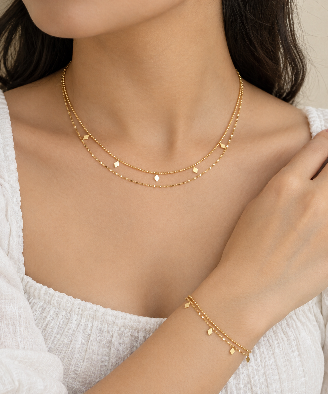 Golden Geometric Charm Layered Necklace & Bracelet Set