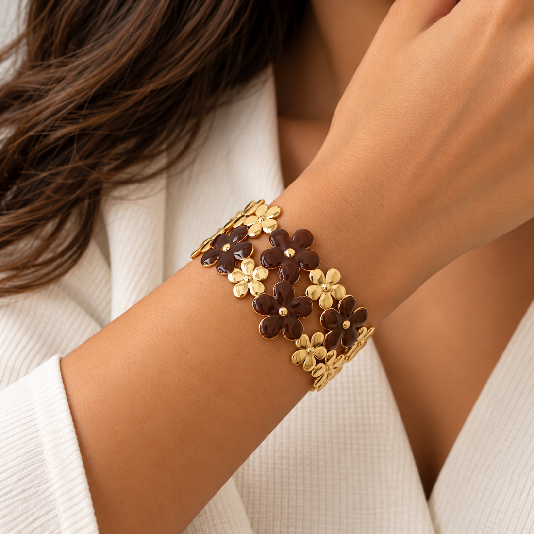 Gold and Brown Floral Cuff Bracelet