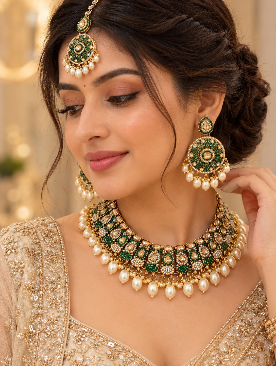 Emerald Kundan Pearl Bridal Necklace Set