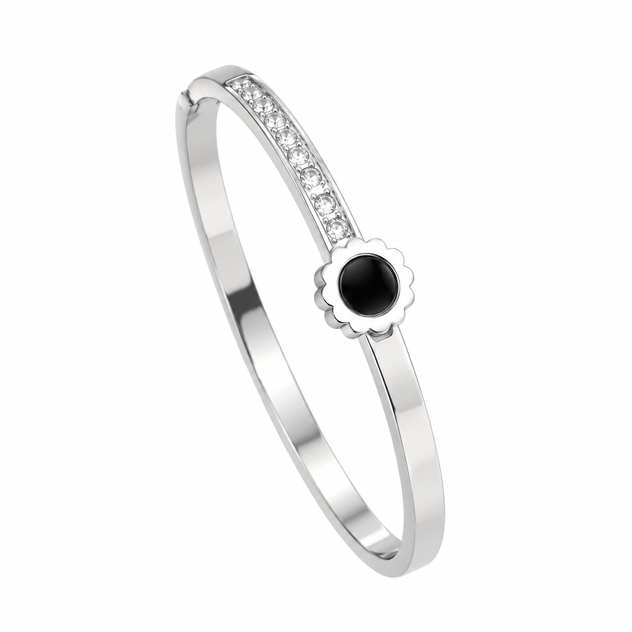 Silver with Black Onyx Centerpiece Bangle Bracelet