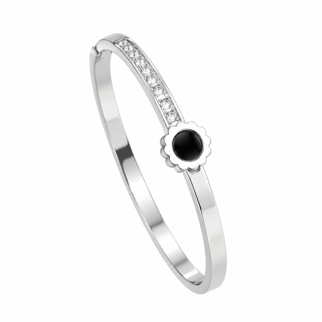 Silver with Black Onyx Centerpiece Bangle Bracelet