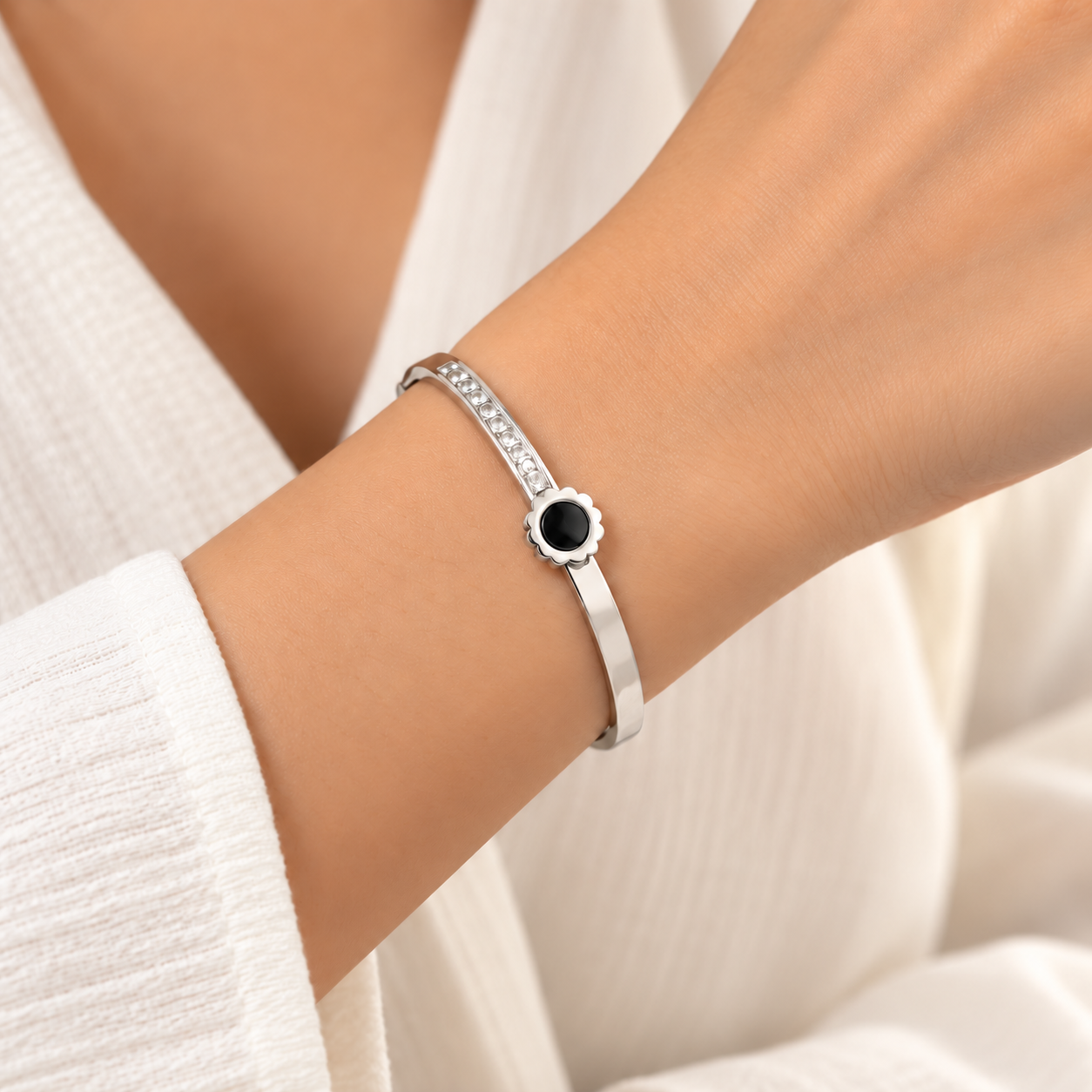 Silver with Black Onyx Centerpiece Bangle Bracelet