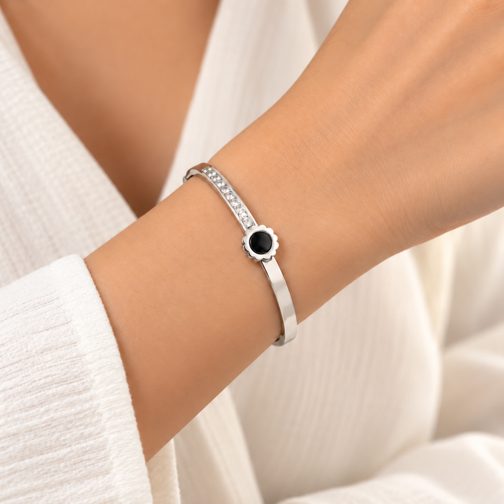 Silver with Black Onyx Centerpiece Bangle Bracelet