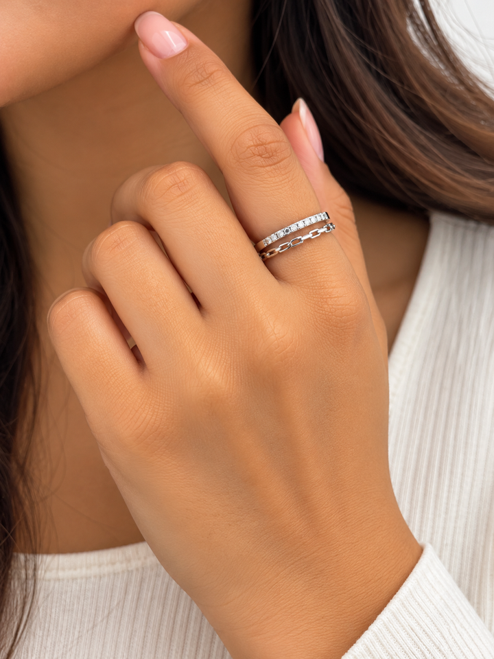 Pavé Diamond Double-Band Silver Ring