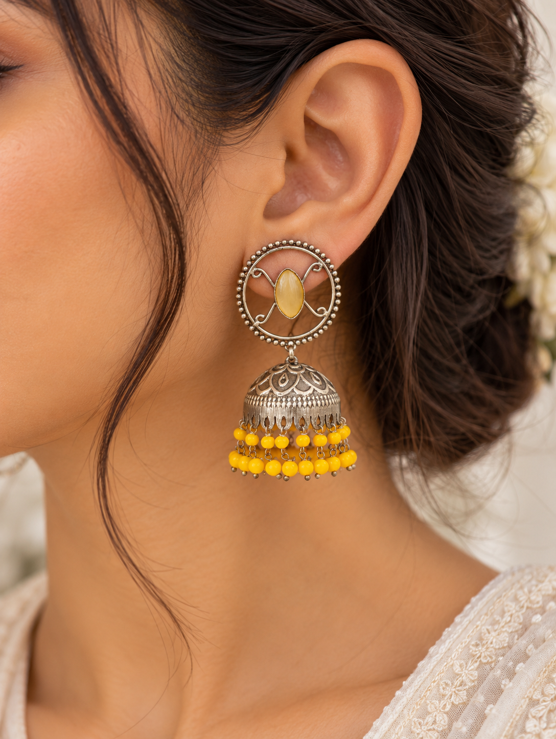 Antique Silver and Yellow Jhumka Earring