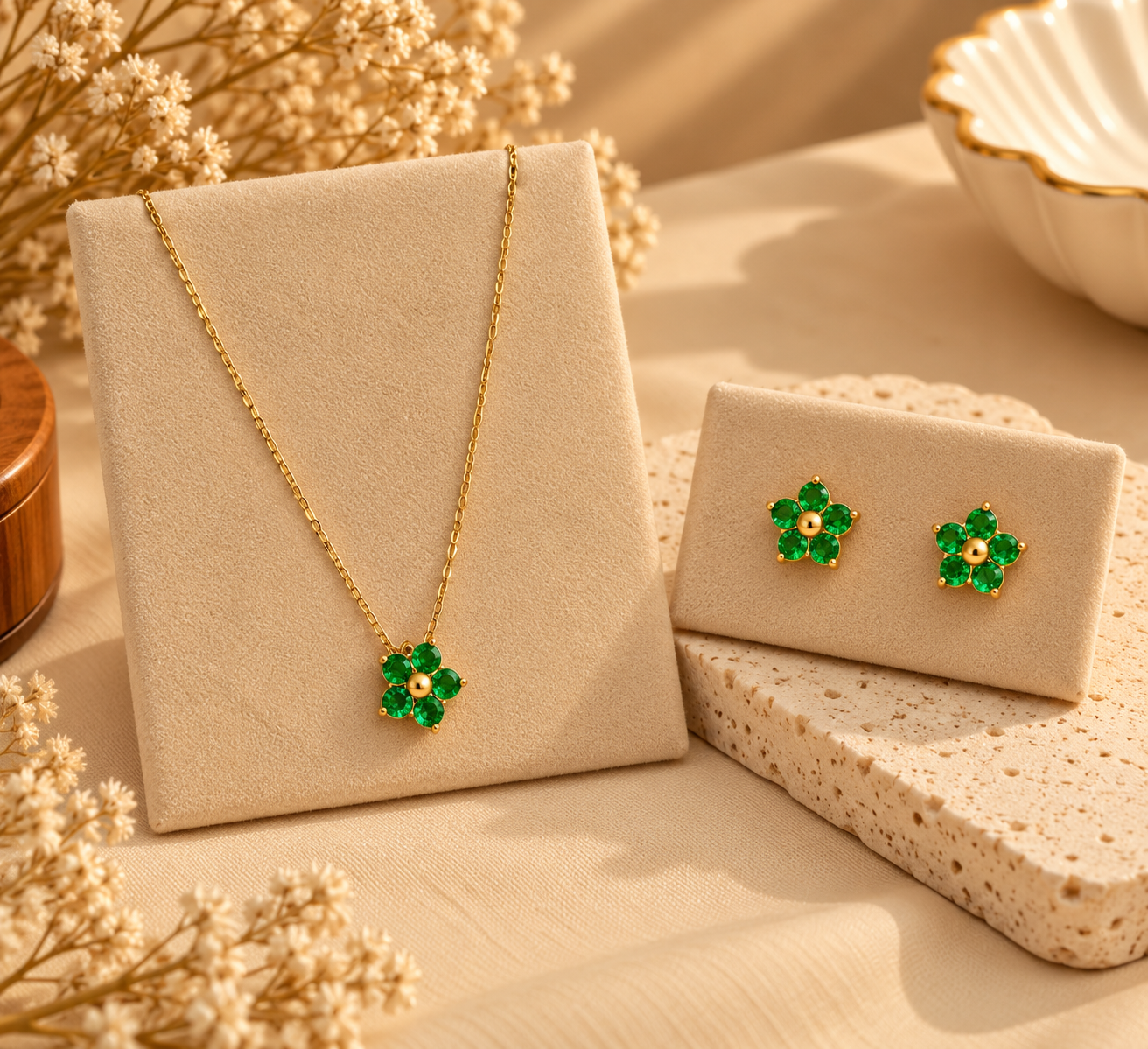 Emerald Green Five-Petal Floral Necklace & Stud Earrings Combo Set