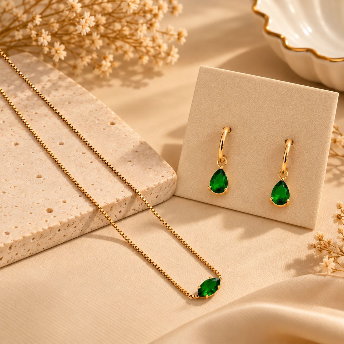Emerald Green Teardrop Necklace & Huggie Earrings Combo Set