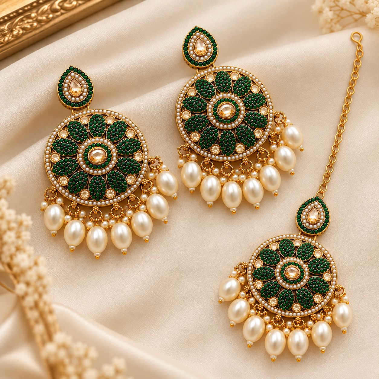 Emerald Kundan Pearl Bridal Necklace Set