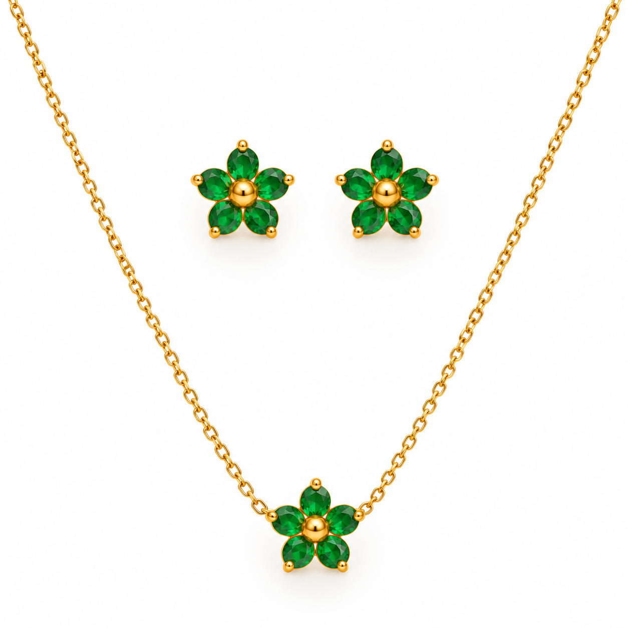 Emerald Green Five-Petal Floral Necklace & Stud Earrings Combo Set
