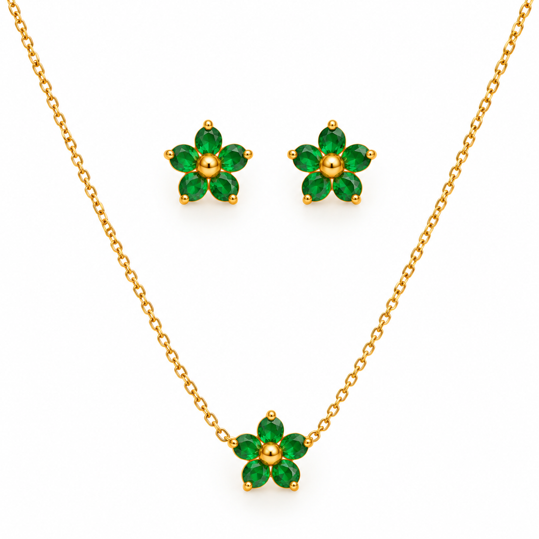 Emerald Green Five-Petal Floral Necklace & Stud Earrings Combo Set