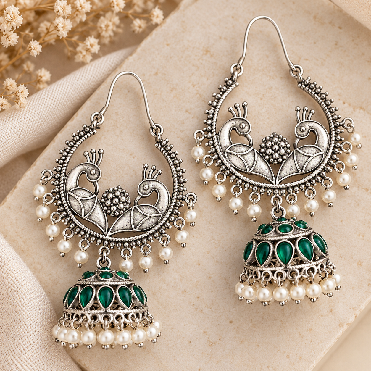 Ornate Emerald Peacock Jhumka