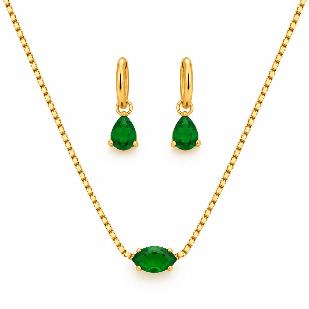 Emerald Green Teardrop Necklace & Huggie Earrings Combo Set