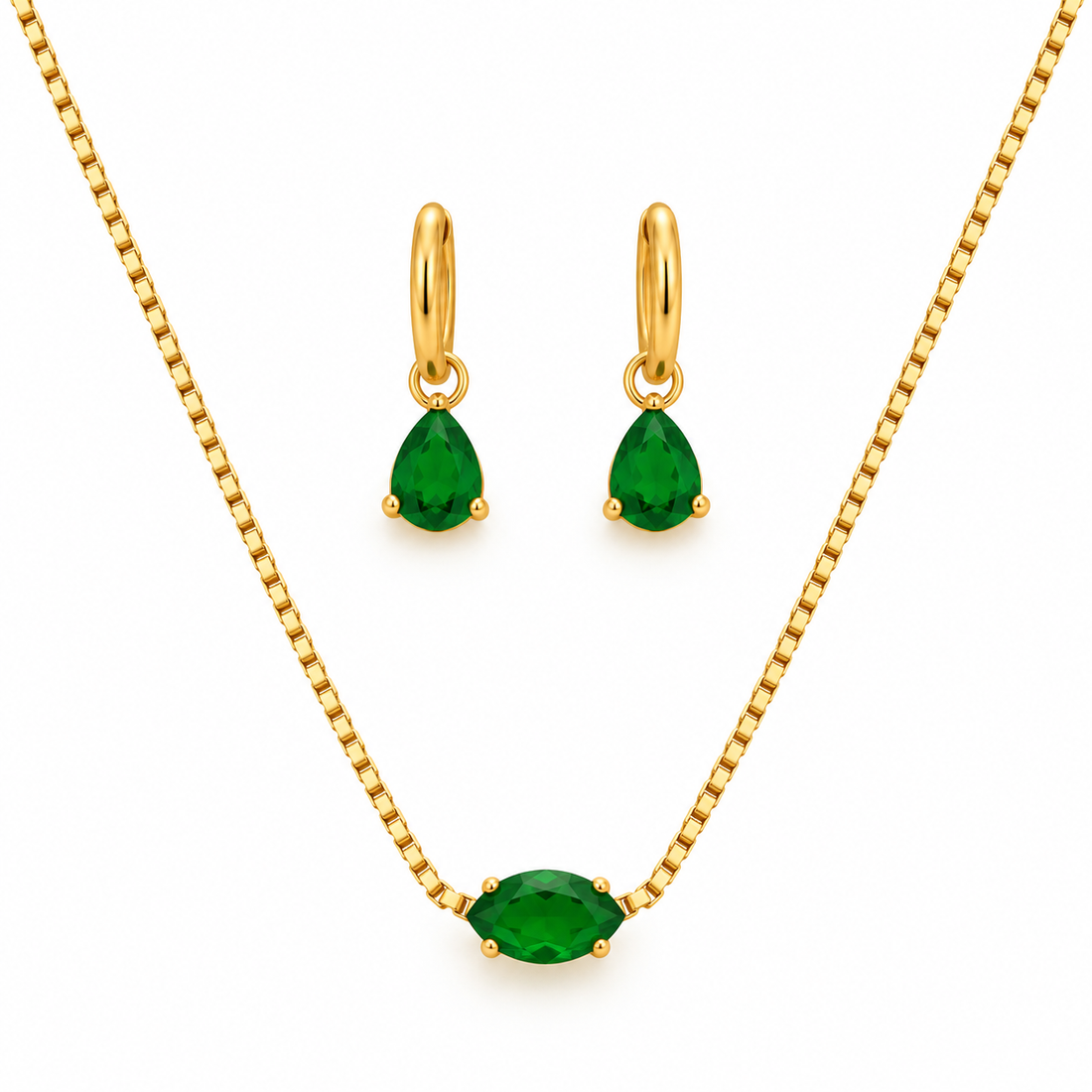 Emerald Green Teardrop Necklace & Huggie Earrings Combo Set